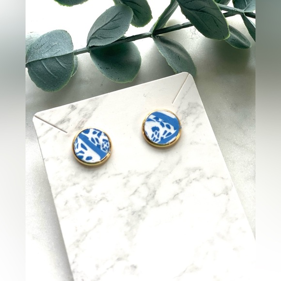 Blue and White Polymer Clay Gold Bezel Stud Earrings handmade - Picture 2 of 4